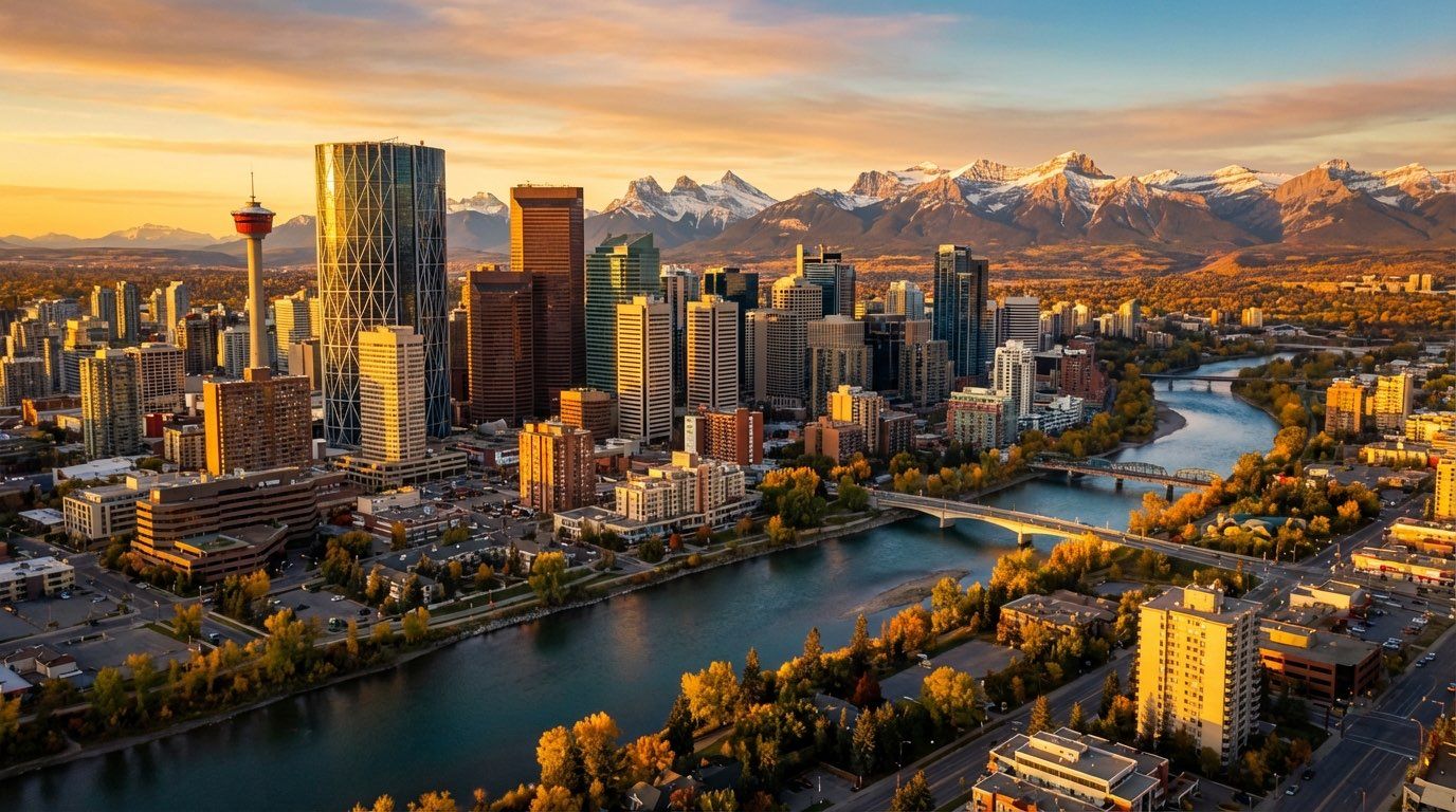 Calgary skyline at golden sunset with the Rocky Mountains behind