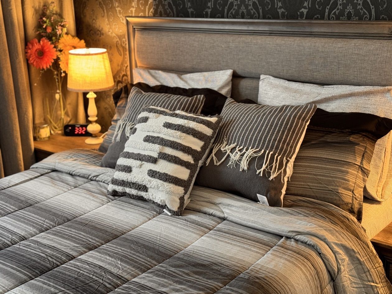 A neatly made double bed with a blue-green quilt, a warm bedside lamp, and fresh flowers on the nightstand at Z FamilyHome Suites